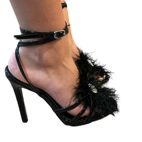Azalea Wang Heels 6 Black Ankle Strap Feathers Stiletto whimsygoth Witchy NWOB - Picture 3 of 10